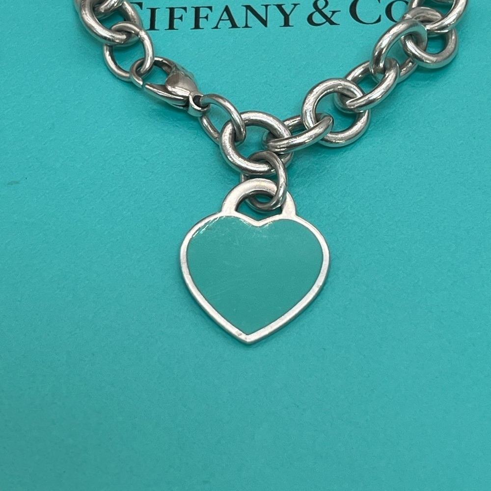 🔴Authentic TIFFANY & CO Silver RTT Blue Enamel Heart Charm Link Bracelet 🔴 - Picture 11 of 14